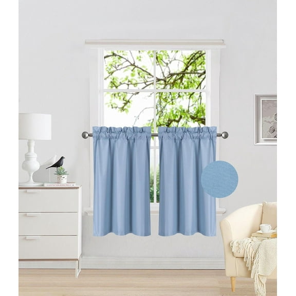 RS5 1-Set Light Blue Rod Pocket Silky Window Curtain Lined Blackout, Two (2) Panels 30"X 36" Each