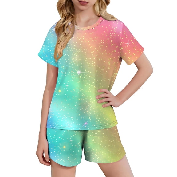 Girls Two Piece Outfit Rainbow Ombre Shorts Set Short Sleeve Top with Elastic Waistband Shorts for Summer Casual Vacation Girls Clothes Multicolor,Size 13 T