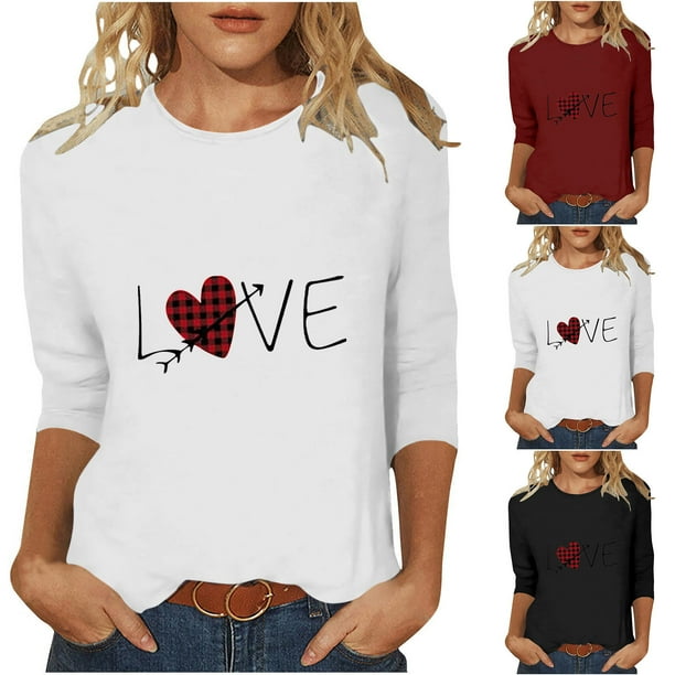 RKSTN Valentine's Gifts Women's 3/4 Sleeve T Shirts Top Oversized Crewneck Valentines Graphic Print Short Sleeve Shirt Womens Casual Solid Round Neck Loose Three Quarter Sleeve Shirt Spring Clothes
