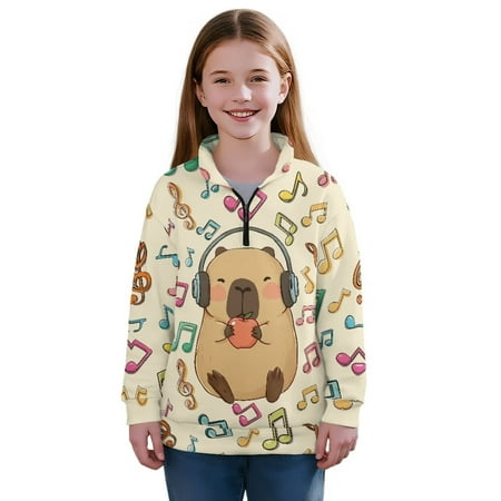 Chaqlin Music Note Capybara Kids Quarter Zip Up Sweatshirt Soft Lightweight Athletic Top for Gym Run Sports Outdoor Casual Daily Wear Christmas Halloween