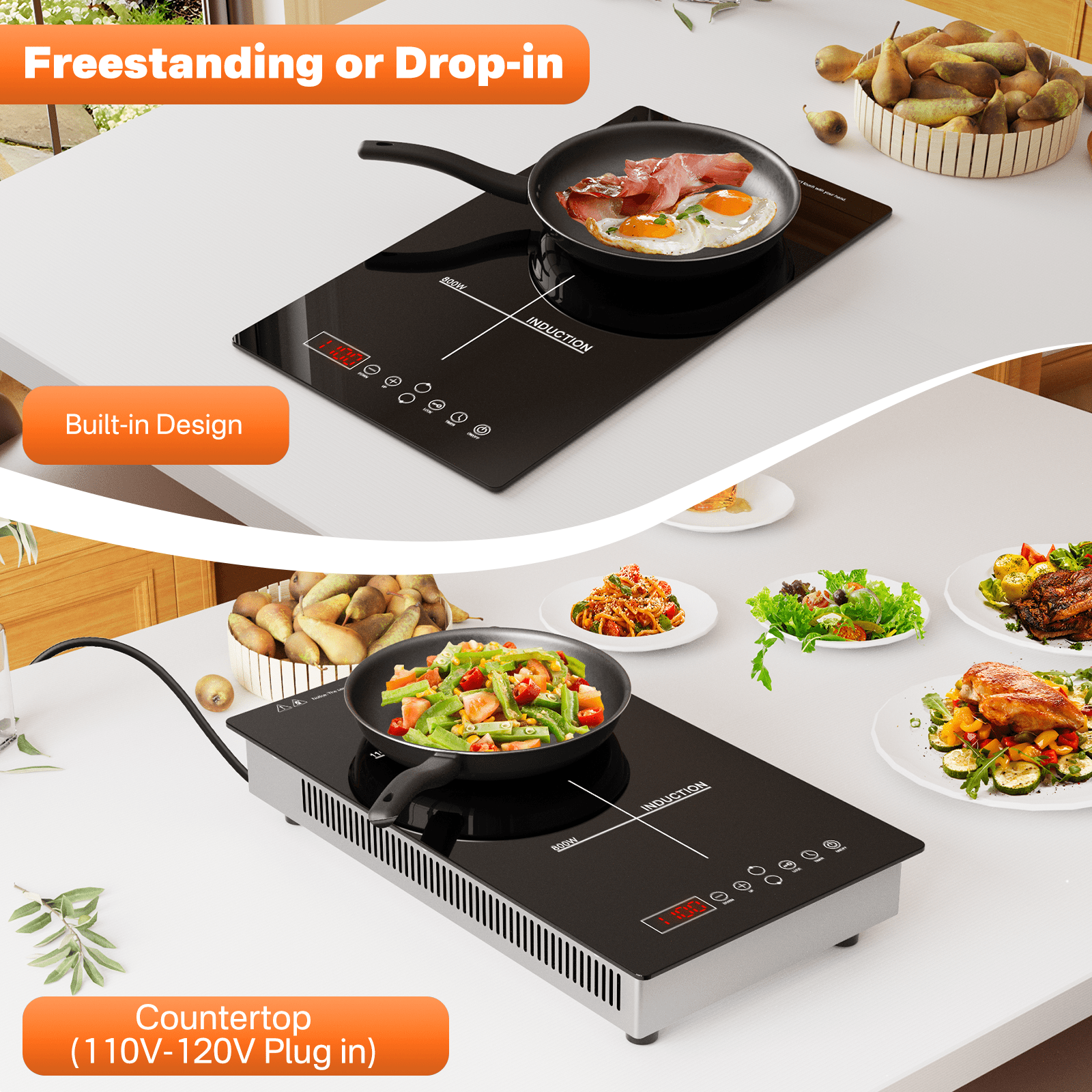 GRACEALL 1900W 2 Burner Induction Cooktop, 12 inch Glass Top Electric Cooktop for Cooking, Built-in & Countertop Kitchen Hotplate, 120V Plug in Stove with 2 Burners Safty Lock and Timer