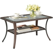 QISHENSHUI Outdoor Coffee Table with Storage Wicker Patio Coffee Table, Tempered Glass Top Coffee Table for Patio Outside Balcony Porch Deck (Brown)