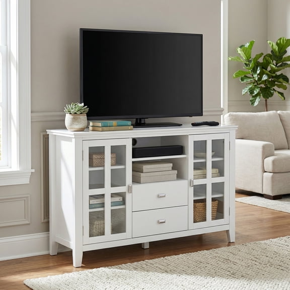 Simpli Home Artisan 53 inch Wide Solid Wood Tall TV Stand in White For TVs up to 60 inches
