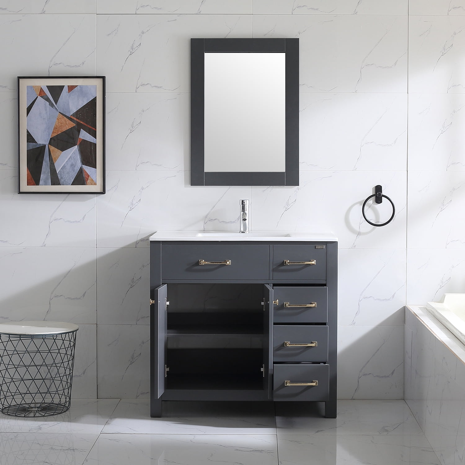Wonline 36inch Transitional Vanity for Bathroom Cabinet & Undermount Ceramic Vessel Sink Shaker Vanity Set Gray