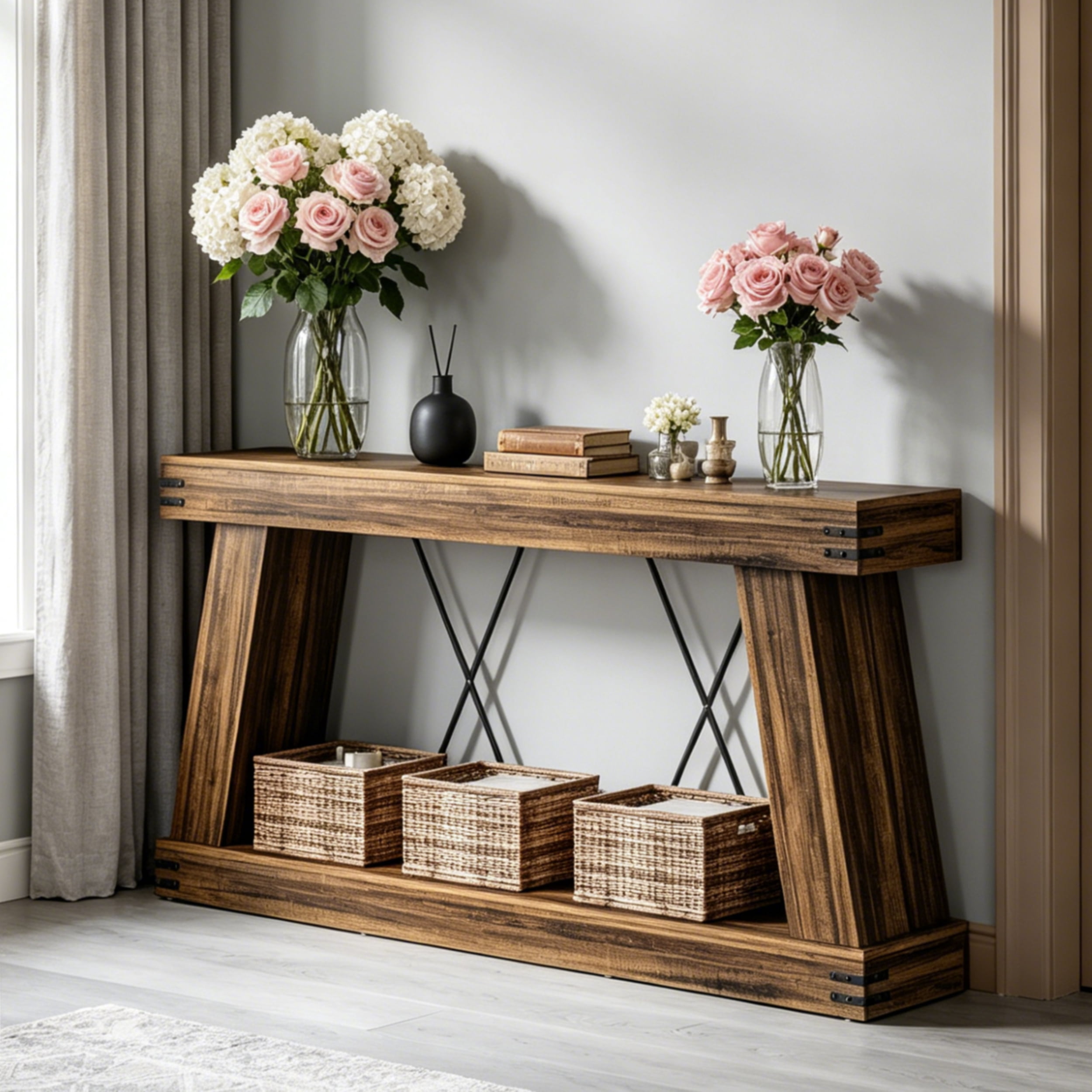 Fnova 70" Farmhouse Console Table, Long 2-Tier Entryway Table with X-Shaped Metal Support, Narrow Wood Sofa Table for Living Room, Hallway, Behind Couch, Dark Brown
