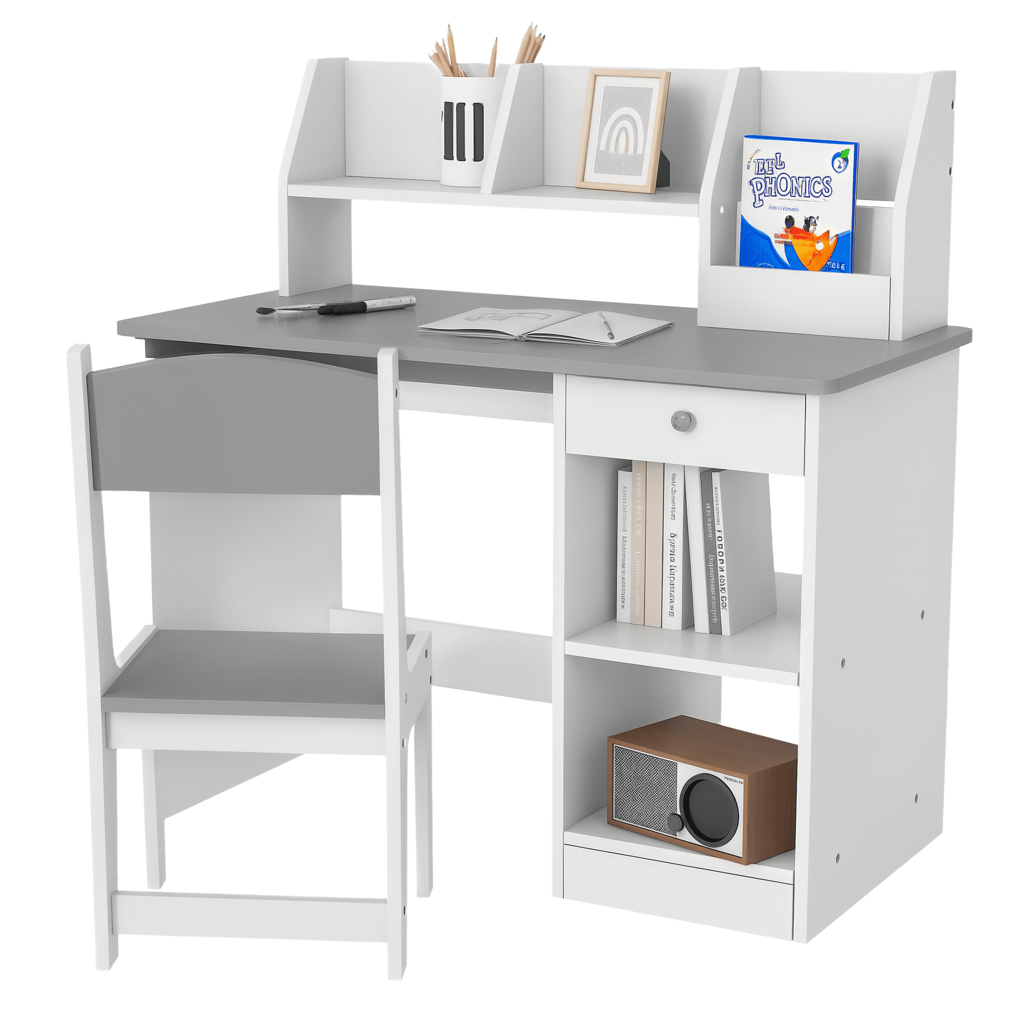 Qaba Kids Desk and Chair Set with Storage, Study Desk with Chair for Children 5-8 Years Old, Gray