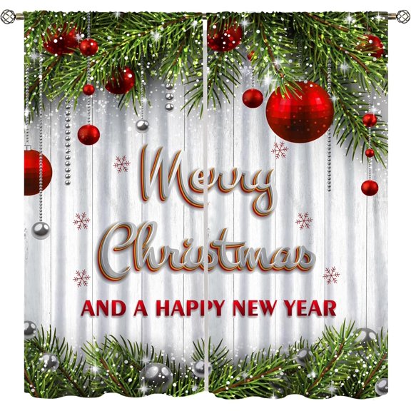 Merry Christmas Curtains, Rustic Xmas Balls Green Pine Leaves Wood Plank Winter Happy New Year Christmas Theme Drapes for Living Room Bedroom Kitchen, 84x84 Inch