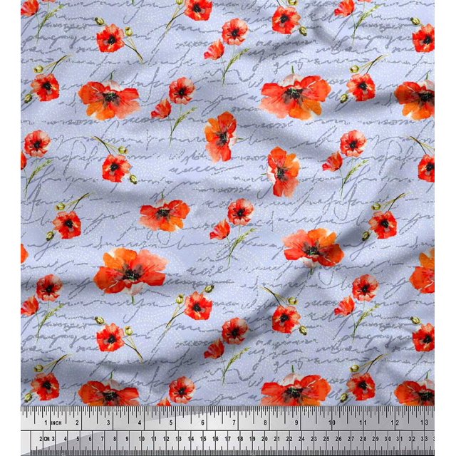 Soimoi Blue Silk Fabric Text & Poppy Floral Print Fabric by Yard 42 Inch Wide