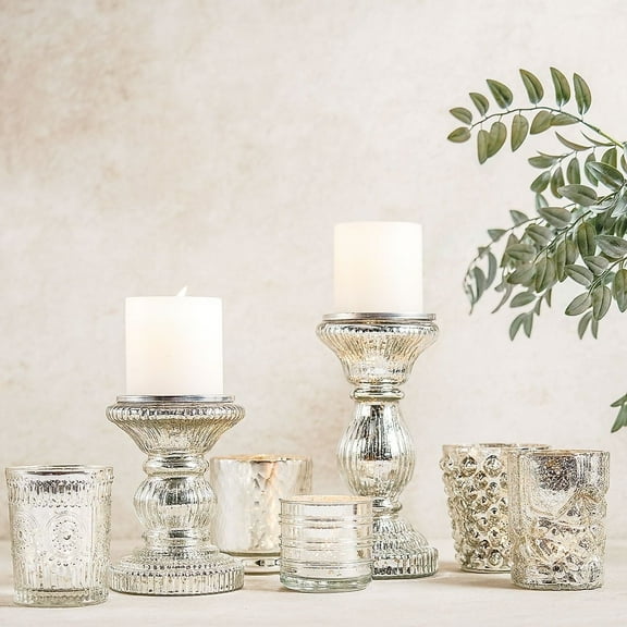 Lillian Vernon Mercury Glass Pillar Candles - Matching, Set of 2, 3 1/2"H x 3" diameter