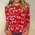 thumbnail image 2 of 3/4 Sleeve Shirts for Women Round Neck Casual Fashion Bow Print Tops Shirts Spring and Autumn Pullover, 2 of 5