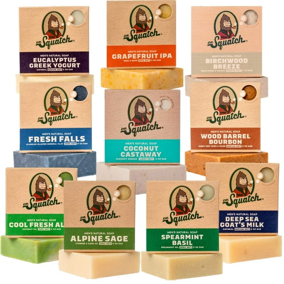Dr. Squatch Men's Natural Soap Gift Set (10 Pack) â Coconut Castaway, Wood Barrel Bourbon, Fresh Falls, Birchwood Breeze, Cool Fresh Aloe, and more