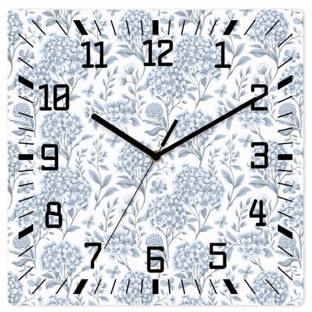 Wall Clock Blue Hydrangea Operated Square Clocks Wooden Silent Non-Ticking Wallclock 12 Inch Spring Floral Leaf Wood Wall Clock for Living Room Bedroom Office Shool Home Decor