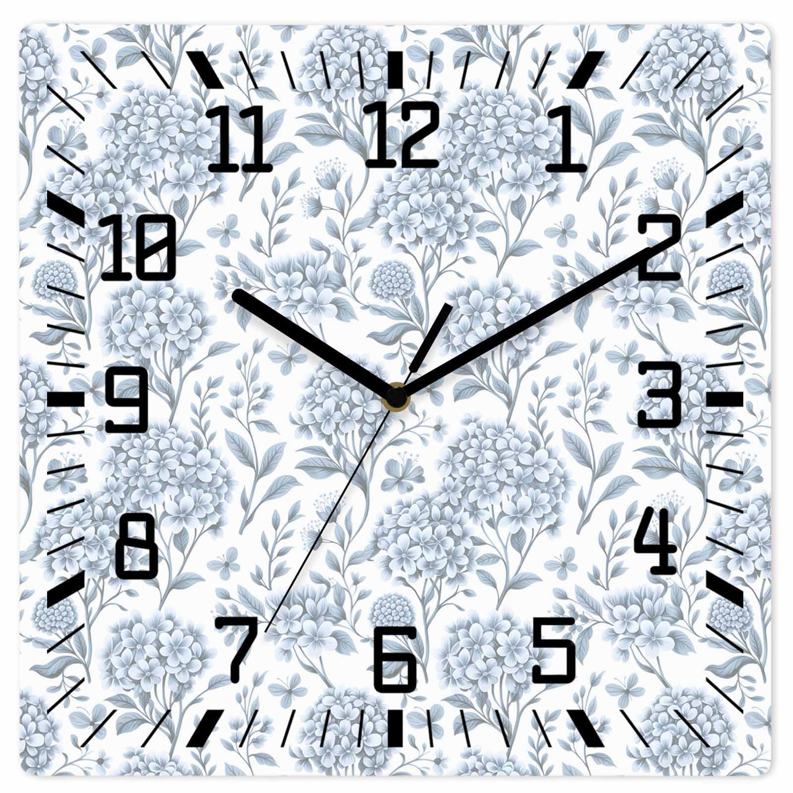 Wall Clock Blue Hydrangea Operated Square Clocks Wooden Silent Non-Ticking Wallclock 12 Inch Spring Floral Leaf Wood Wall Clock for Living Room Bedroom Office Shool Home Decor