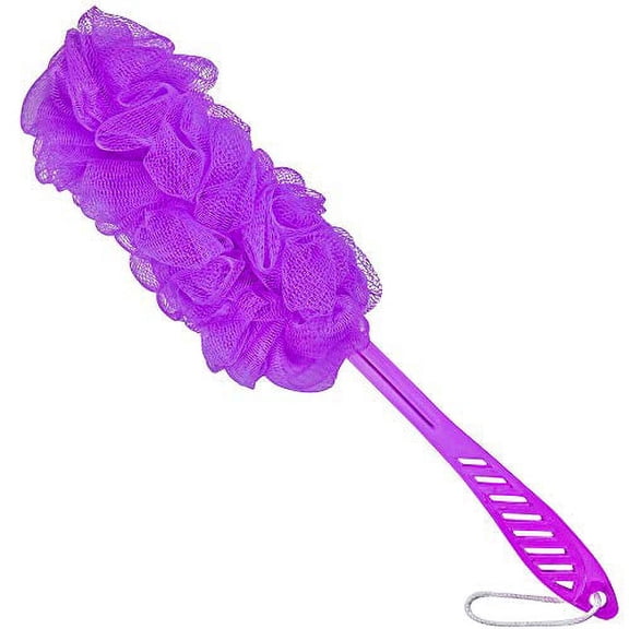 DecorRack Bath Sponge with Handle, Shower Loofah Brush, Back Cleaning Scrubber, 8? Long Curved Handle, Exfoliate, Rejuvenate Skin, Body Bathing Sponge with Long Mesh Pouf, Purple (1 Pack)