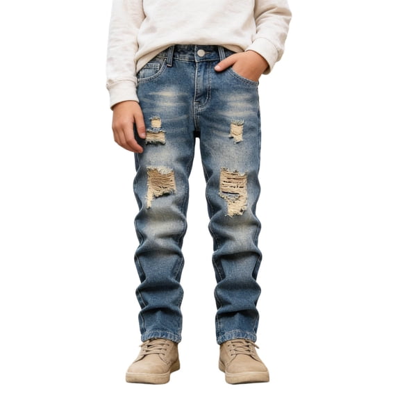 RUTAYY Children Boys Distressed Jeans High Street Long Denim Pants with Pocket Comfortable Stretch Casual Vacation Trousers