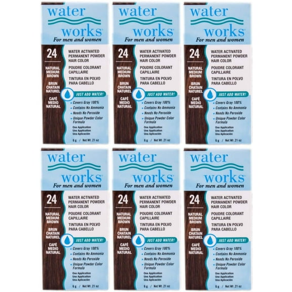 Water Works Permanent Powder Hair Color #24 Natural Medium Brown (6 Pack)