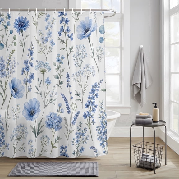 Bedliving Shower Curtain Set with 12 Hooks, Blue Wildflower Stems Waterproof Fabric, 72" x 72"