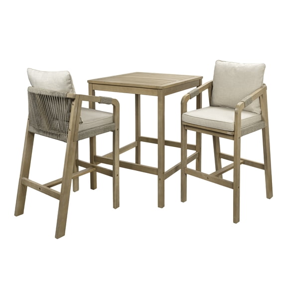 Porto Coastal 3-Piece Light Teak Acacia Wood Outdoor Bar Set, High-Top Patio Table & Woven Rope Chairs with Removable Beige Cushions