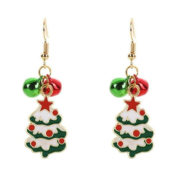 Cute Christmas Tree Dangle Drop Earrings for Women Enamel Jingle Bell Open Huggie Hook Hoops Earring Xmas Festive Gifts