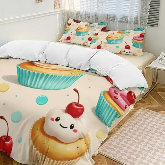 Cute Cherry Cupcakes Pattern 3D Duvet Cover Set Quilt Cover Theme of teenager for Bedroom Decoration