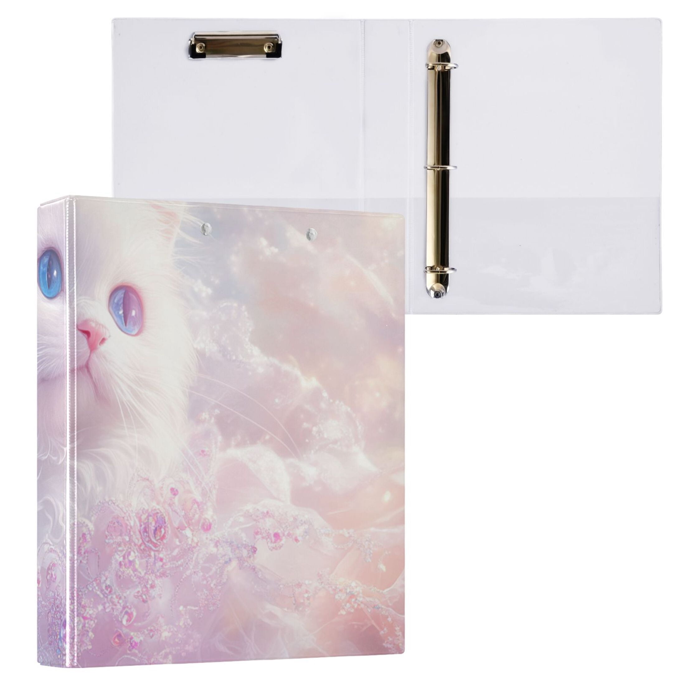 Elegant White Cat 3 Ring Binders 1.5 inch Hardcover File Folders with Interior Pockets A4 Size Organizer for School Office Hospital
