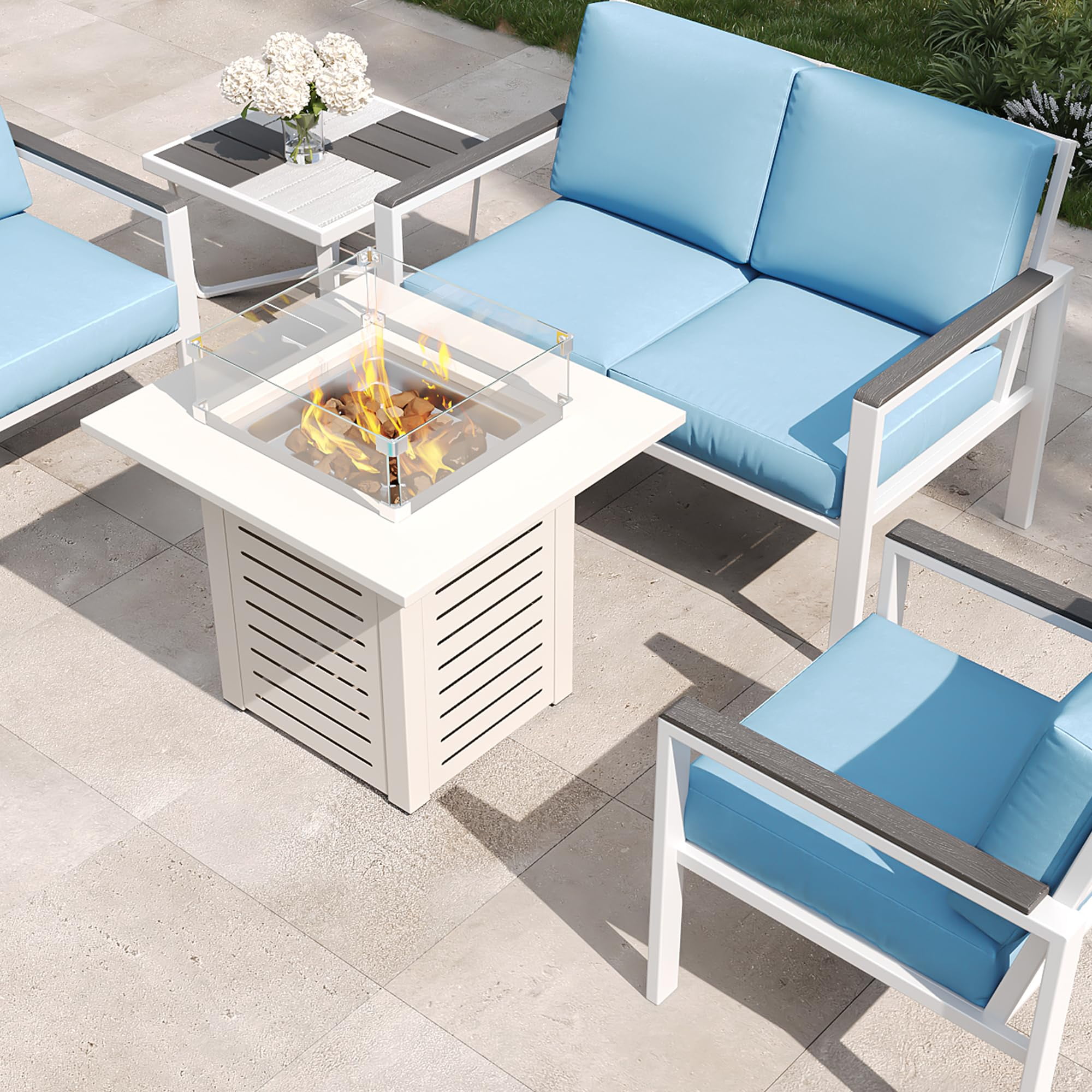 JXXM 28" Fire Pit Table, 50,000 BTU Steel Gas Firepit with Lid and Glass Wind Guard, Beige
