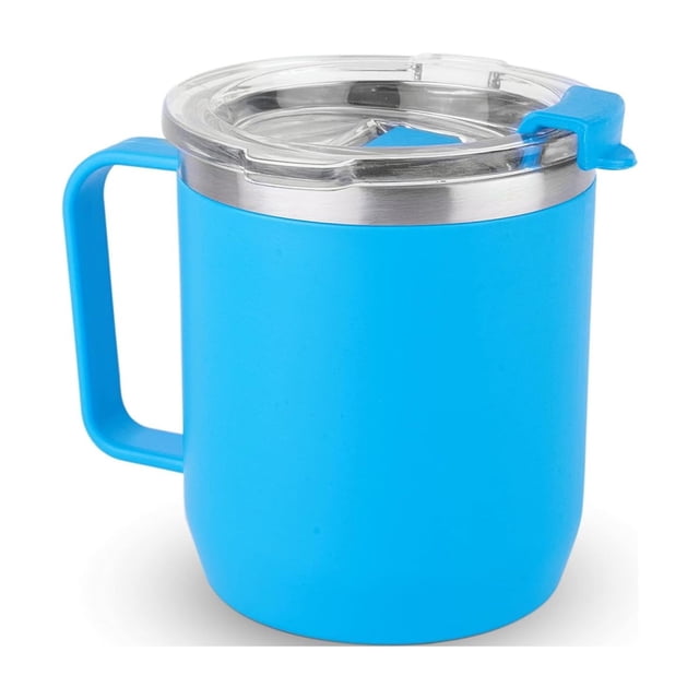 Vaccum Insulated Stainless Steel Coffee Mug With Handle - Blue, 350ml | Premium Clear Cap Mug With Lid Flip Top - Leakproof Travel Coffee Mugs, Tea Cup | Easy To Clean, Freezer Safe, Non-slip
