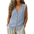thumbnail image 2 of Sheghy Women Tank Tops 100%Cotton Button Front Sleeveless Top, Solid Casual All-Match Daily Tank Light Blue S, 2 of 6