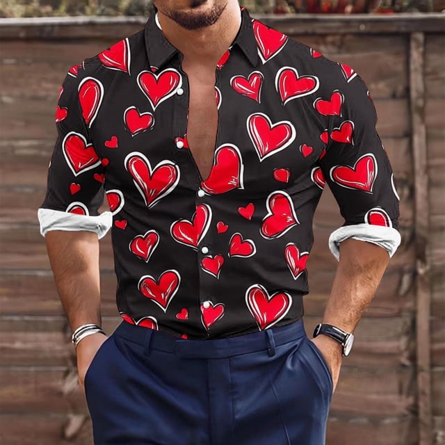 Blusa y camisa de manga larga con cuello vuelto para hombre, estilo casual, con estampado de corazón, botones y solapa, de poliéster, para San Valentín