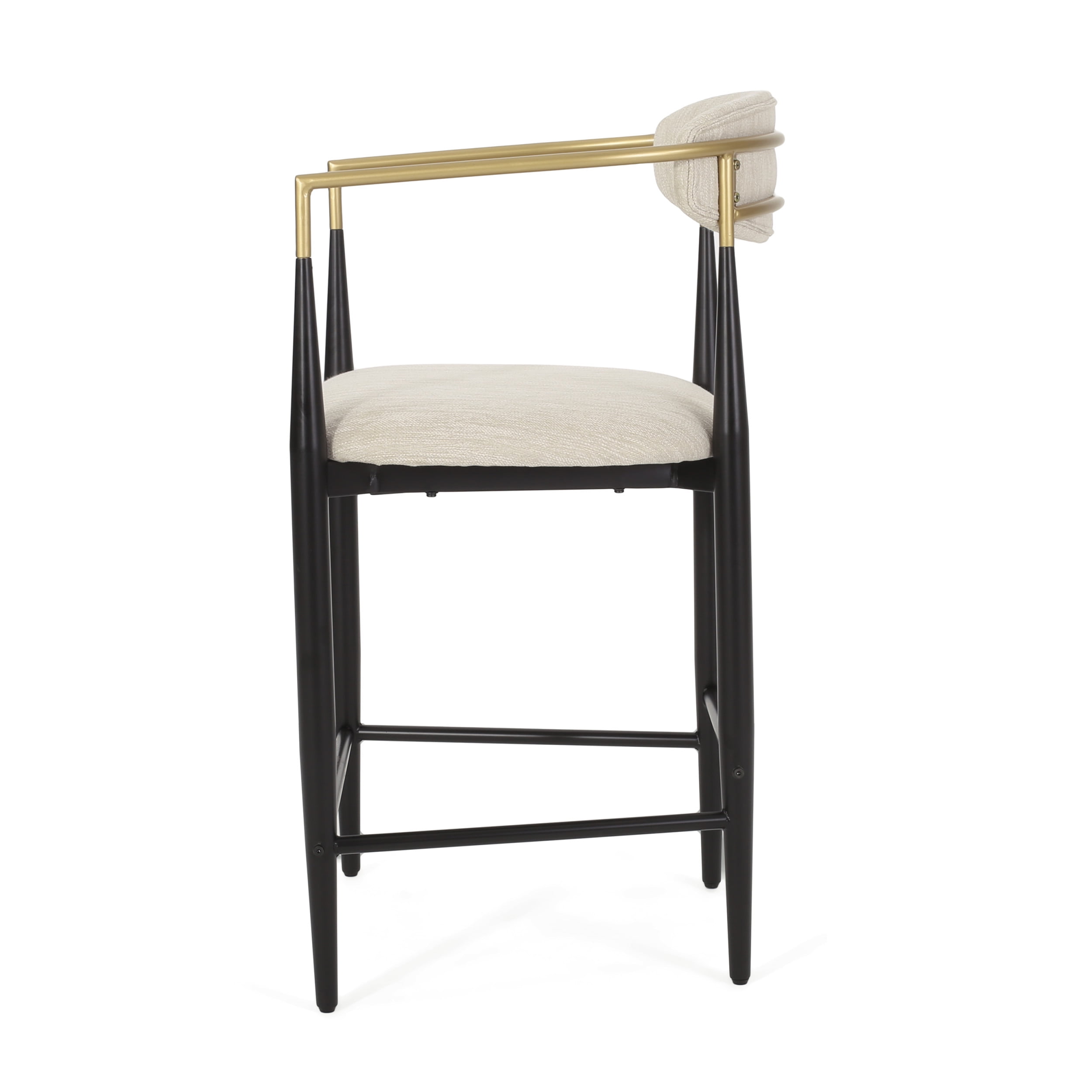 Noble House Boise Fabric Upholstered Counter Stools, Gold Arm, Black Metal Frame, Modern Design, Beige, Set of 2