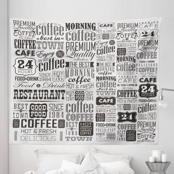 Vintage Tapestry, Retro Style Texts and Typographic Vintage Coffee Shop Restaurant, Fabric Wall Hanging Decor for Bedroom Living Room Dorm, 5 Sizes, Charcoal Grey Pale Grey, by Ambesonne