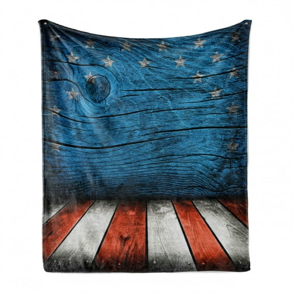 Prehistoric Country Soft Flannel Fleece Throw Blanket, Rustic Empty Wooden Pattern Interior American Flag Design, Cozy Plush for Indoor and Outdoor Use, 70" x 90", Pale Grey Blue Orange, by Ambesonne