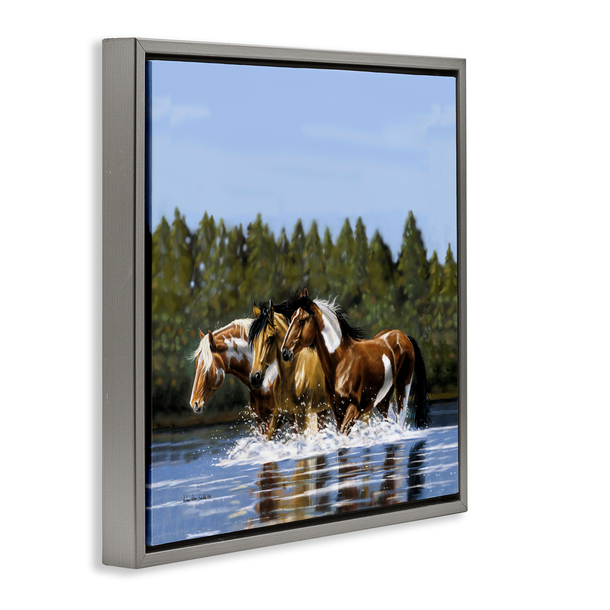 Stupell Industries Horses Upstream Splashing Animals & Insects Painting Gray Floater Framed Canvas Art Print Wall Art, 25 x 25