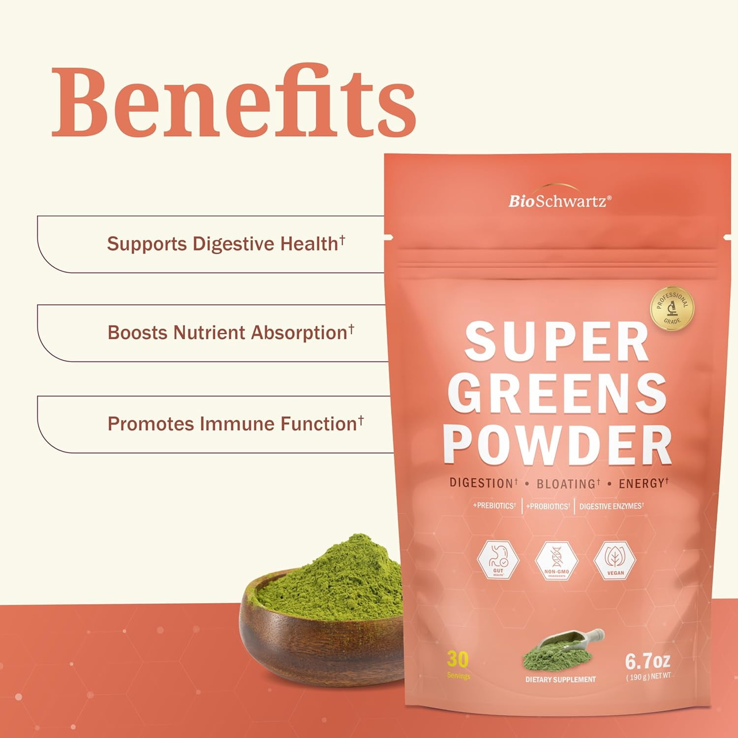 BioSchwartz Super Greens Powder with Probiotics, Prebiotics & Digestive Enzymes, 43 Green Superfoods Including Spirulina & Chlorella, 30 Servings