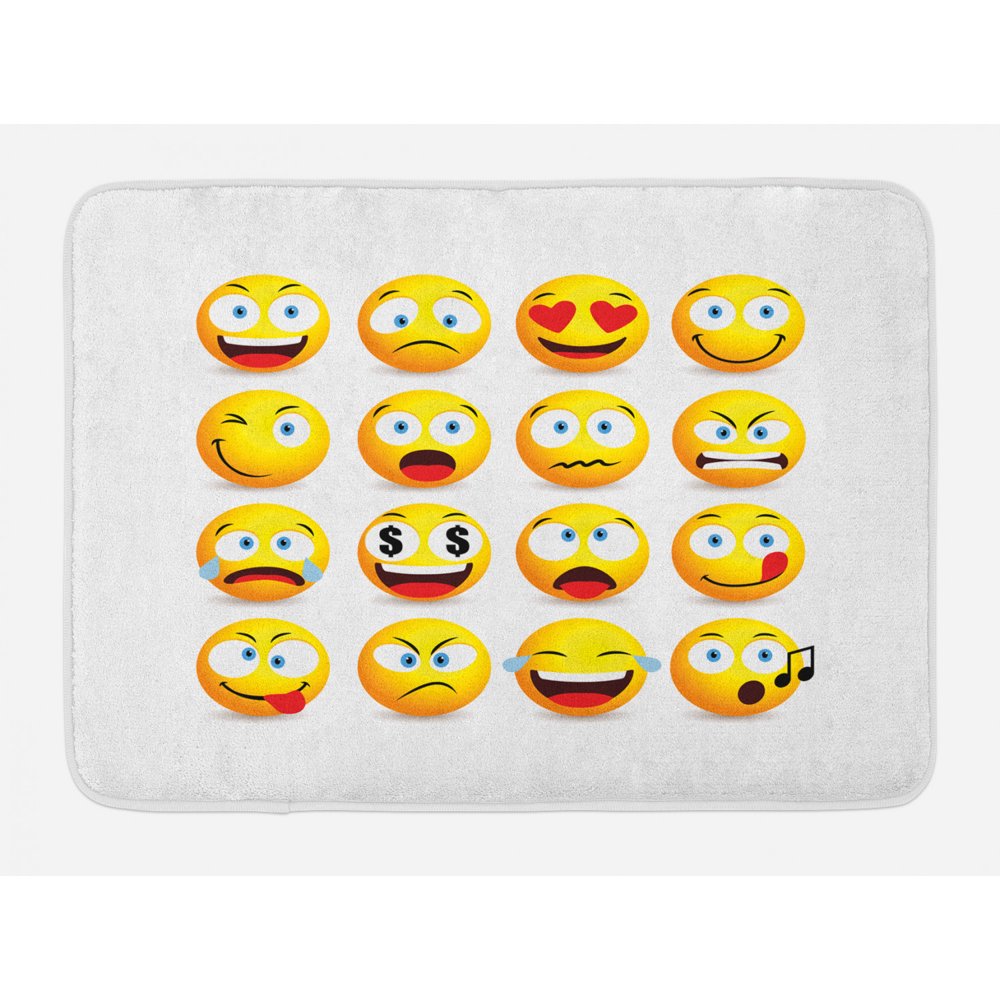 Emoji Bath Mat, Smiley Faces Collection with Circular Shapes with