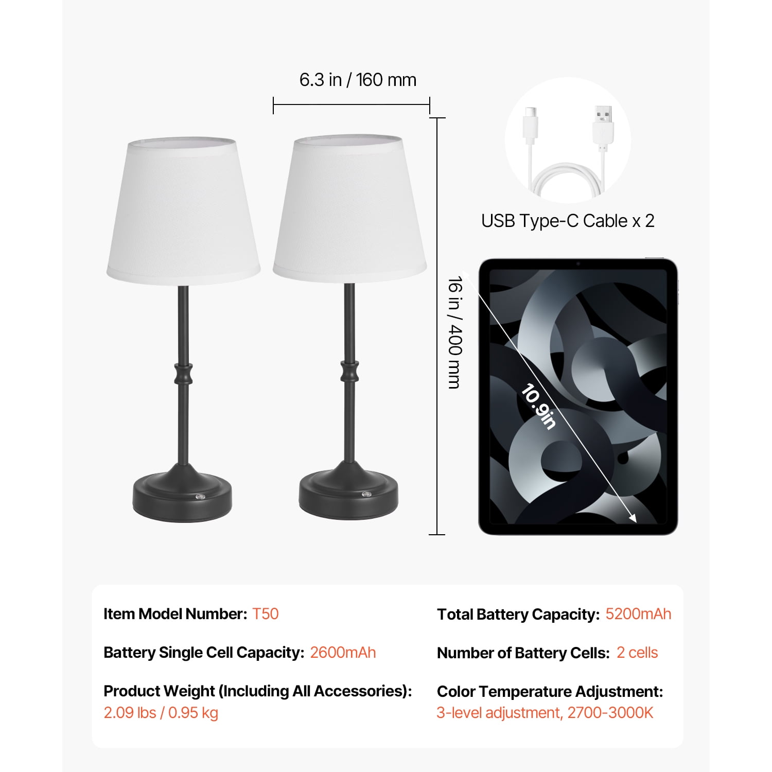 KFFKFF Cordless Table Lamp, 2 Pack, Rechargeable 5200mAh Battery, Adjustable 3-Level Brightness, Fabric Shade, Warm White Light 2700-3000K, Ideal for Restaurants, Bedrooms, Bars, Black