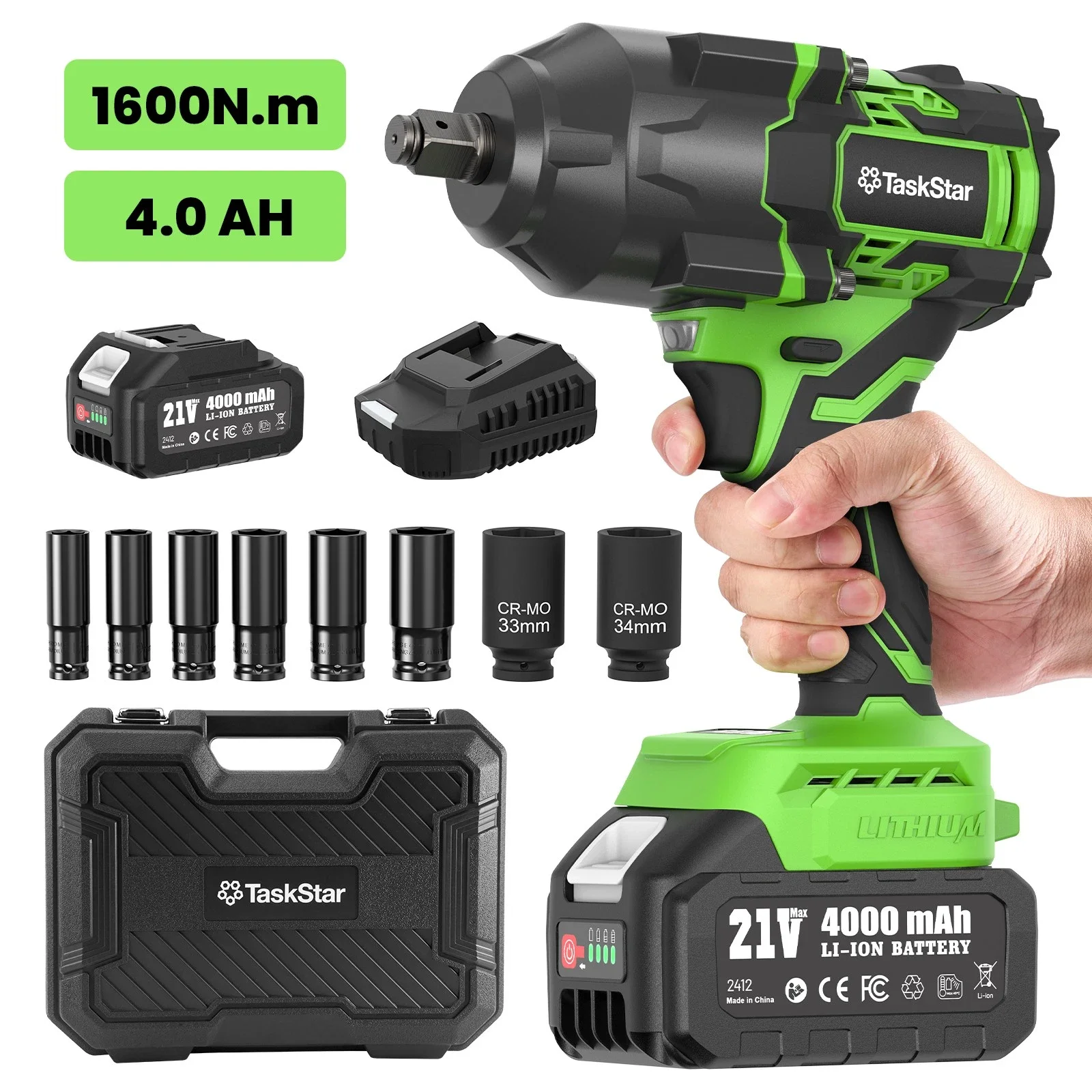 TaskStar 1/2" Brushless Electric Impact Wrench, 1180 ft-lbs (1600Nm) High Torque Power Torque Wrench with 4.0Ah Battery & 8 Sockets