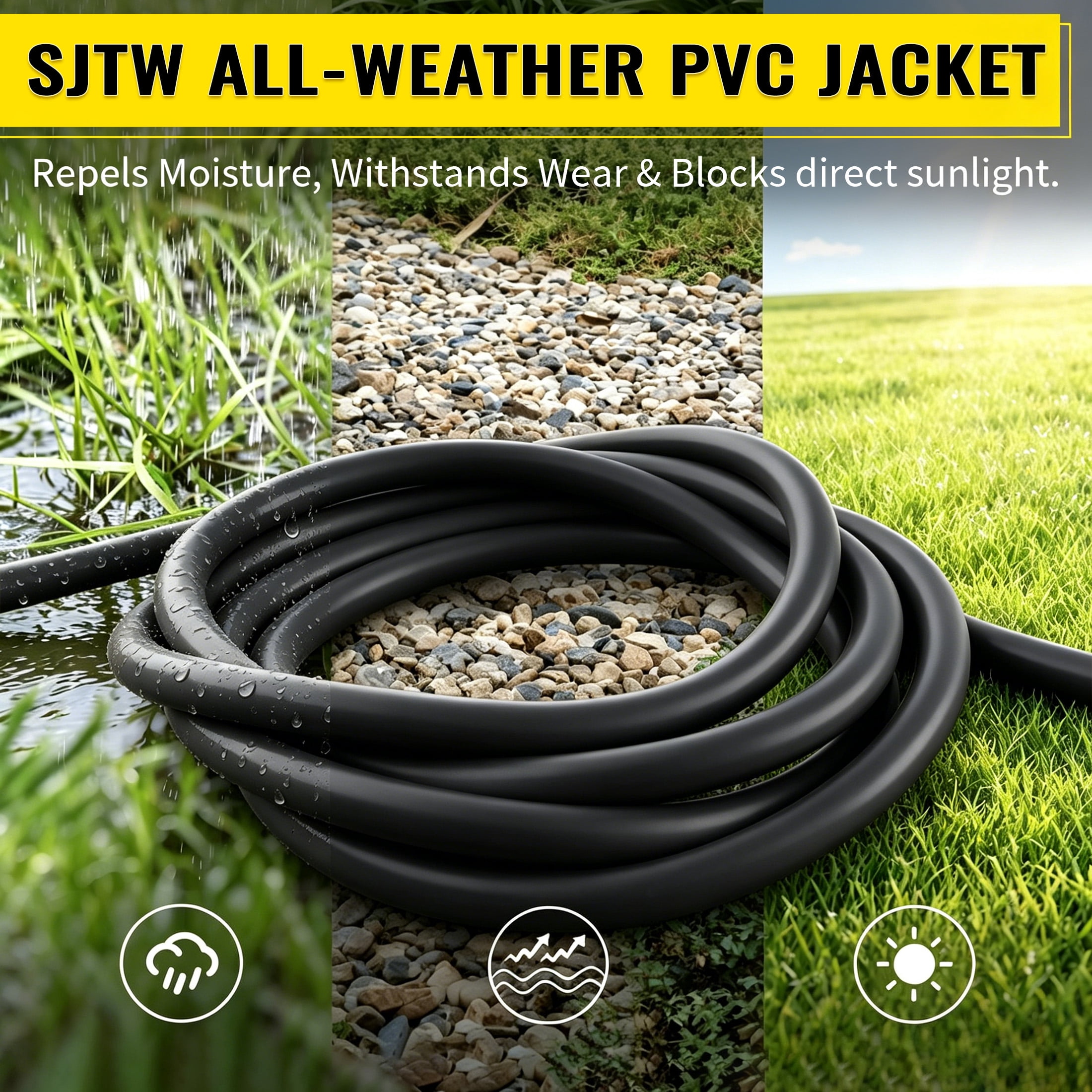 ZAZFO 15ft 10 Gauge Extension Cord, 3 Prong 5-15P to 5-15R, SJTW with Power Indicator Light, Heavy Duty Flexible Durable, Black Waterproof for Outdoor Use