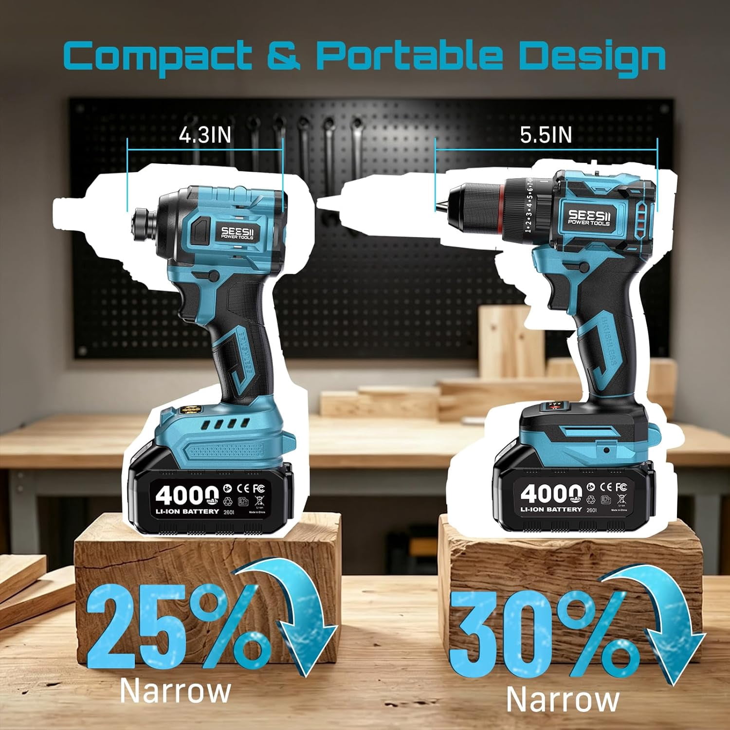 Seesii Cordless Drill Driver and Impact Driver Combo Kit  Brushless 3/8'' Drill & 1/4'' Impact Driver, 2x 4000mAh Battery, Fast Charger, 20 pcs Driver Bit Set & Bag