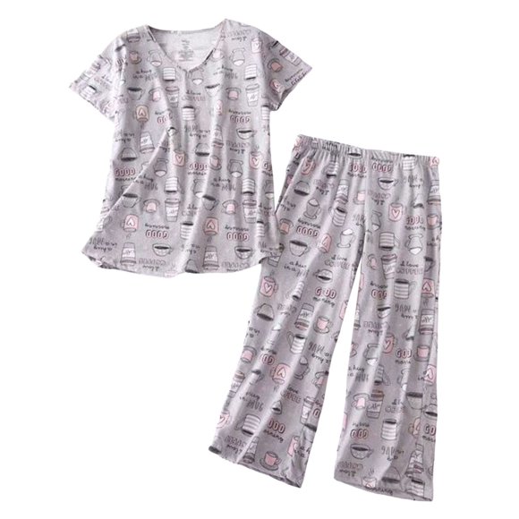 Kcodviy Women Cotton Pajamas Set Petite Pajamas for Women Short Sleeve Top Capri Women Sleepwear Pajama Pants Sleepwear Plus