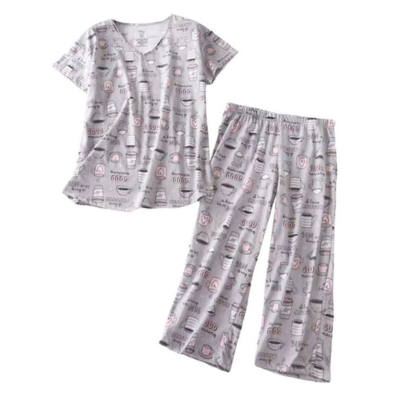 GEWSEY Womens Cotton Pajama Sets Short Sleeve Top With Capri Pants 2 piece sets for Women Summer Pajamas Lounge Set (Grey, S)