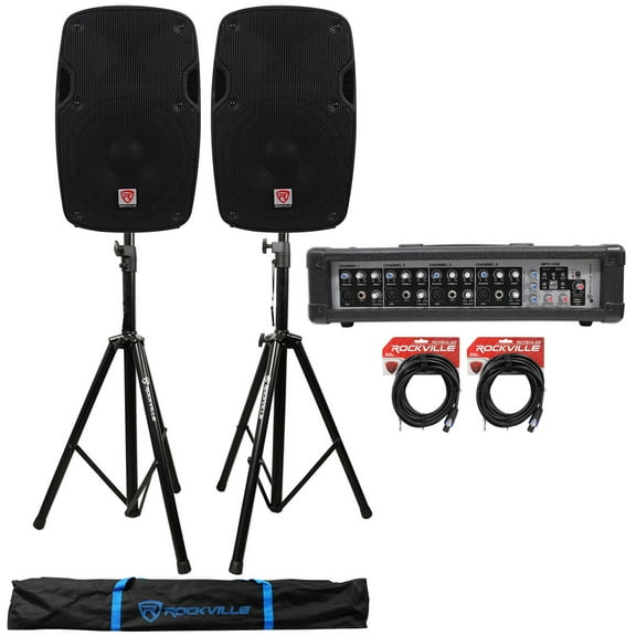 2) Rockville SPG88 8" 400w DJ PA Speakers 8-Ohm Powered 4-Ch Mixer Stands Cables