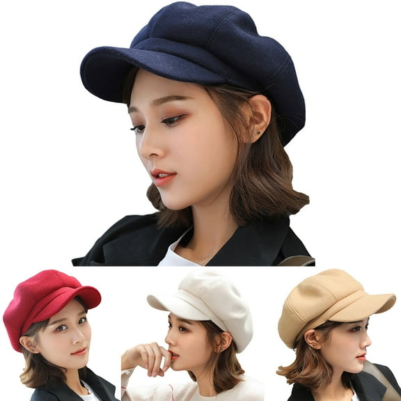 Walbest British Style Felt Wide Brim Octagonal Cap, Women Beret Newsboy Cabbie Cap, Winter Warm Peaked Cap Hat Black