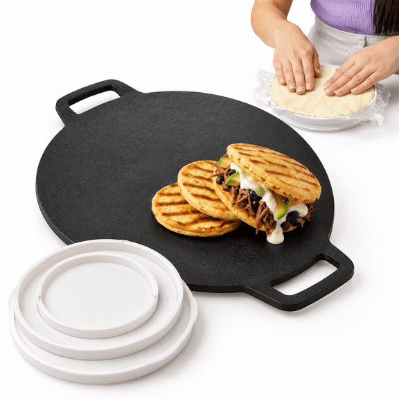 Preseasoned Cast Iron Griddle Pan with 3-Size Arepa Mold Set