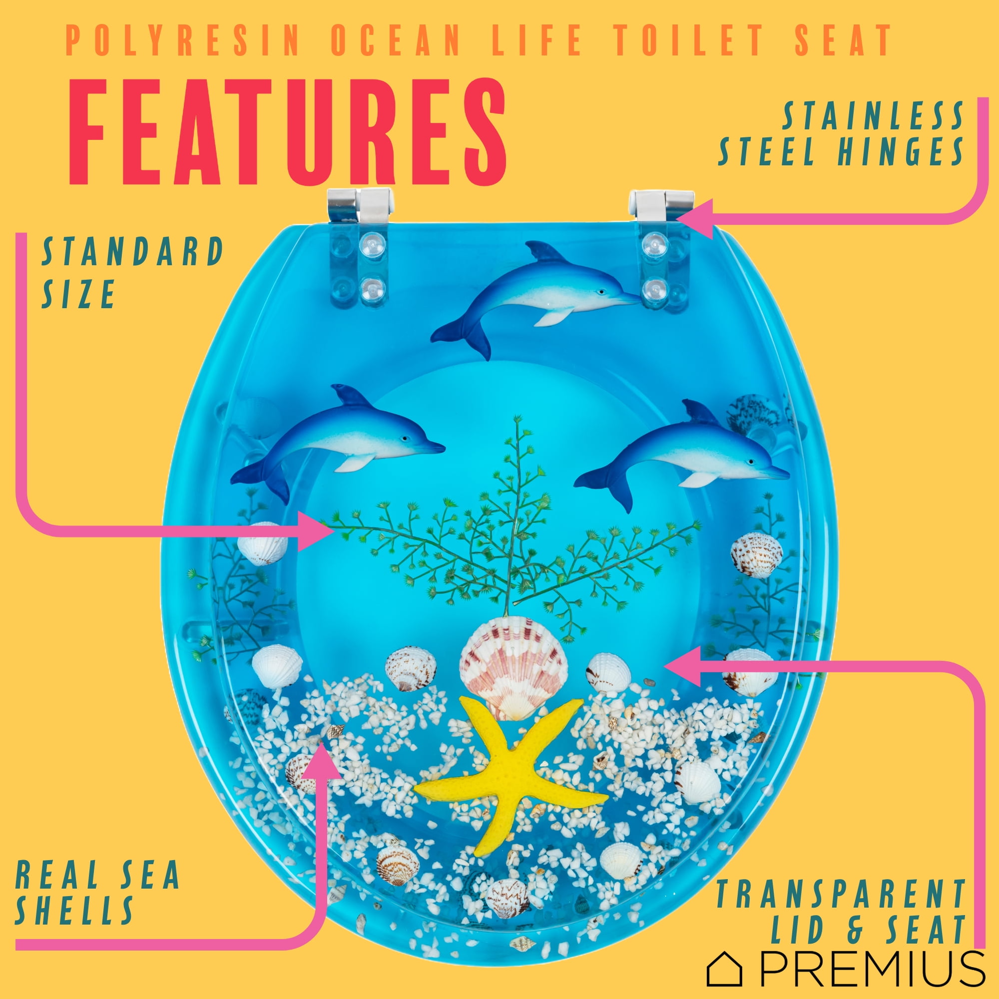 PREMIUS Polyresin Ocean Life Dolphins Toilet Seat, Clear-Blue, Standard Round, 17 Inches