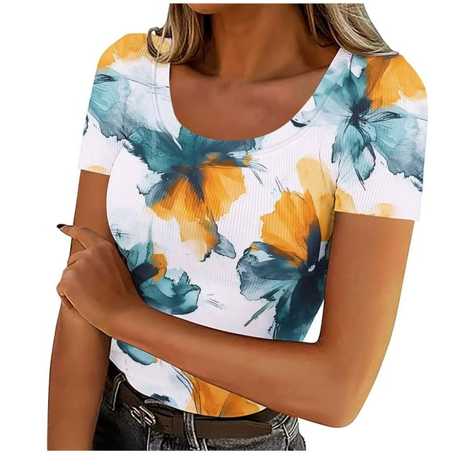 Staron Liquidation Hauts d'Été pour Femmes Manches Courtes Chemises Tendance d'Été Décontractées Côtelées Ajustées Col Carré Rond Hauts Tuniques Basiques Extensibles T-shirt
