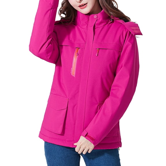 Womens Heated Jacket Windproof Outdoor Sports Fast Warm Up Hooded Jacket Long Sleeve Electric Heated Coat Solid Color Heating Clothing Thermal Winter Jacket for Women