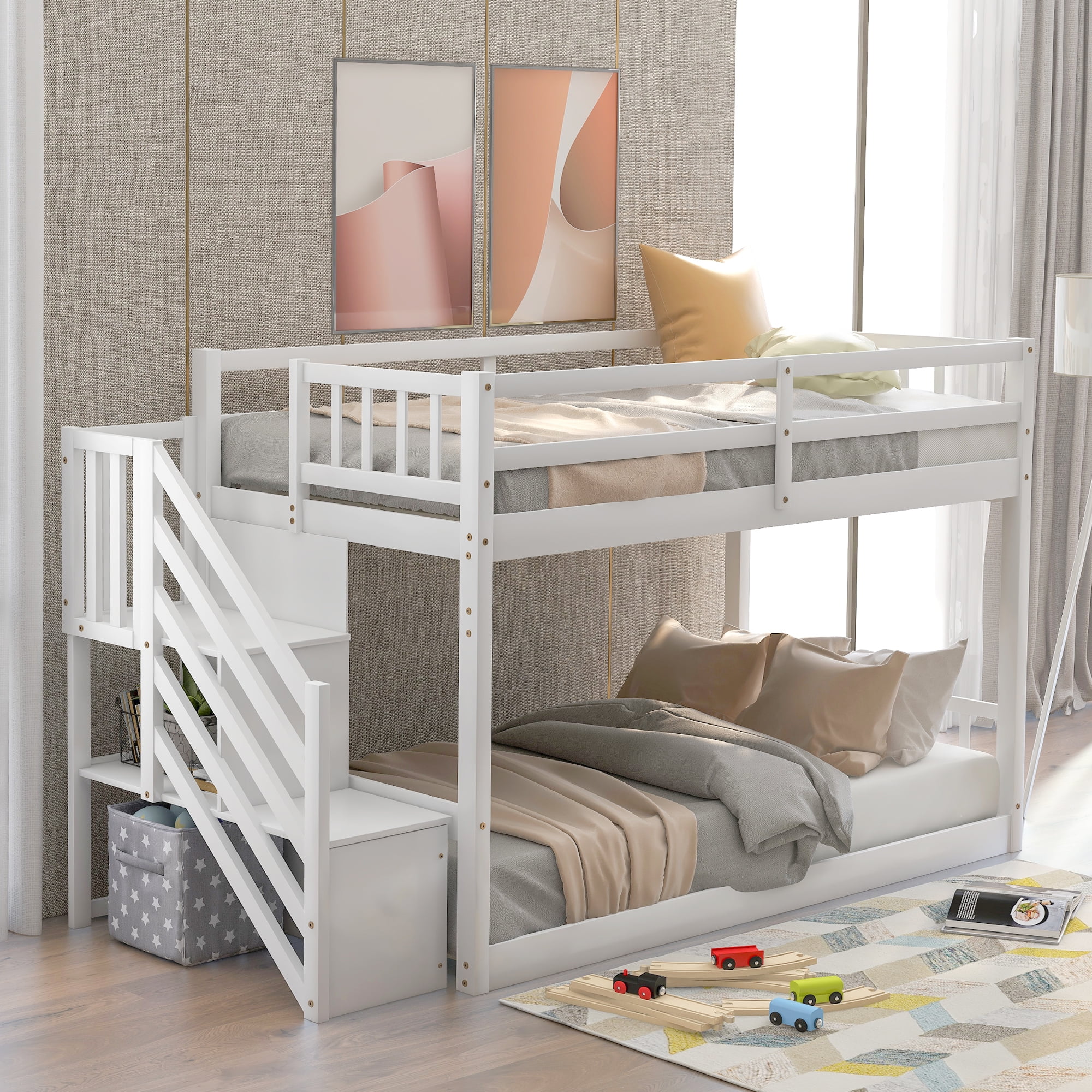 Aukfa Twin over Twin Bunk Bed - Floor Bunk Bed with Storage Staircase for Kids Bedroom - White