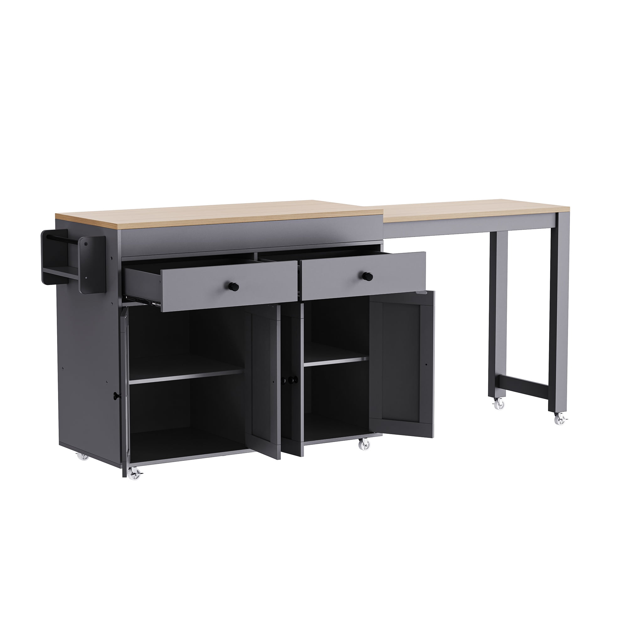 Alvantor 74.5" Kitchen Island with Extendable Dining Table, 2 Drawers, 4 Doors, Gray