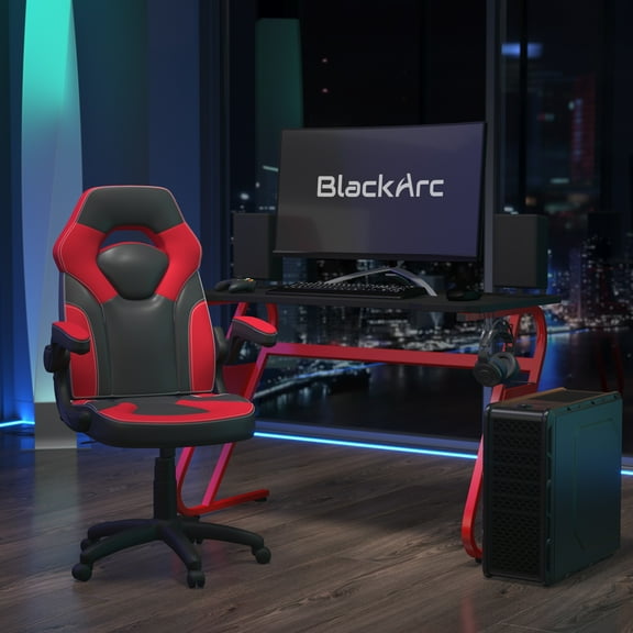 BlackArc Alpha Bundle with Gaming Desk and Chair: Black & Red High Back Chair with Arms; Red & Black Desk with Headphone Hook/Cupholder